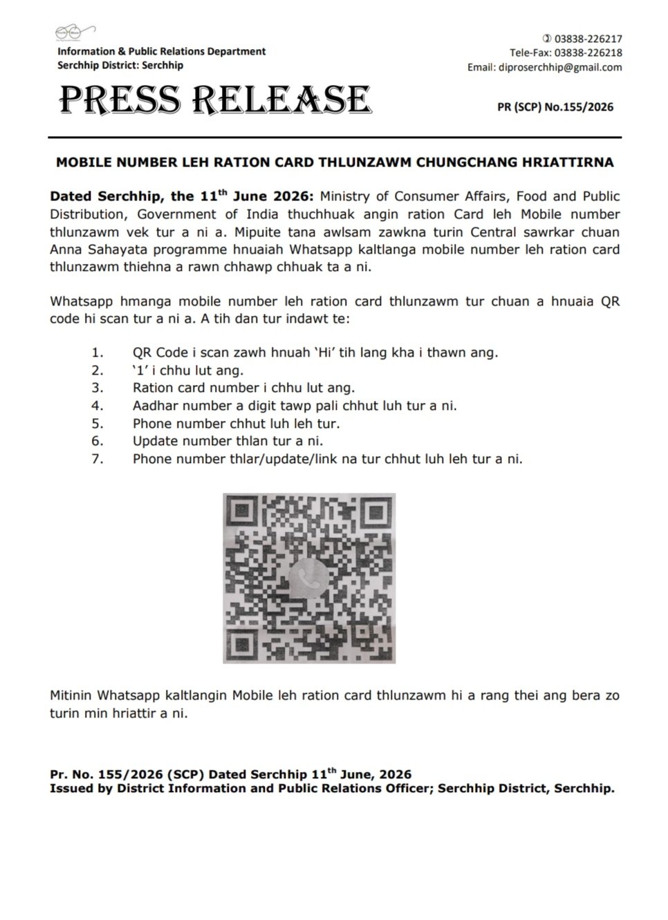MOBILE NUMBER LEH RATION CARD THLUNZAWM CHUNGCHANG HRIATTIRNA