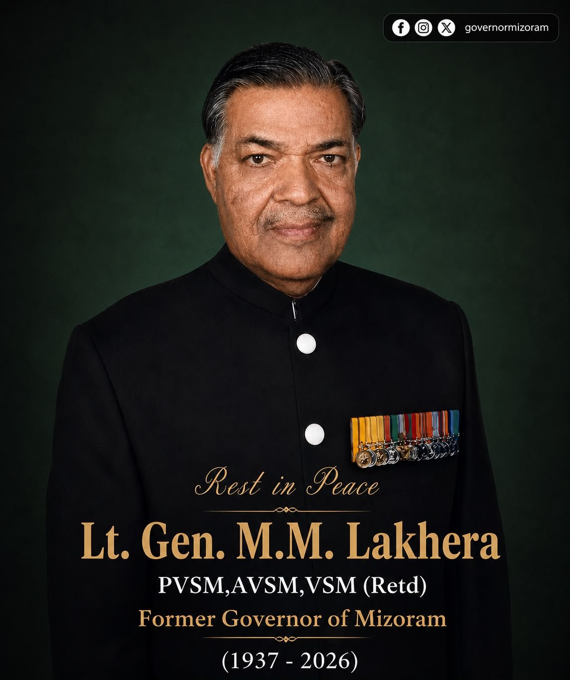 Mizoram Larsap hlui Lt Gen M.M. Lakhera chu vawiin tlai khan Dehradun ah a boral.